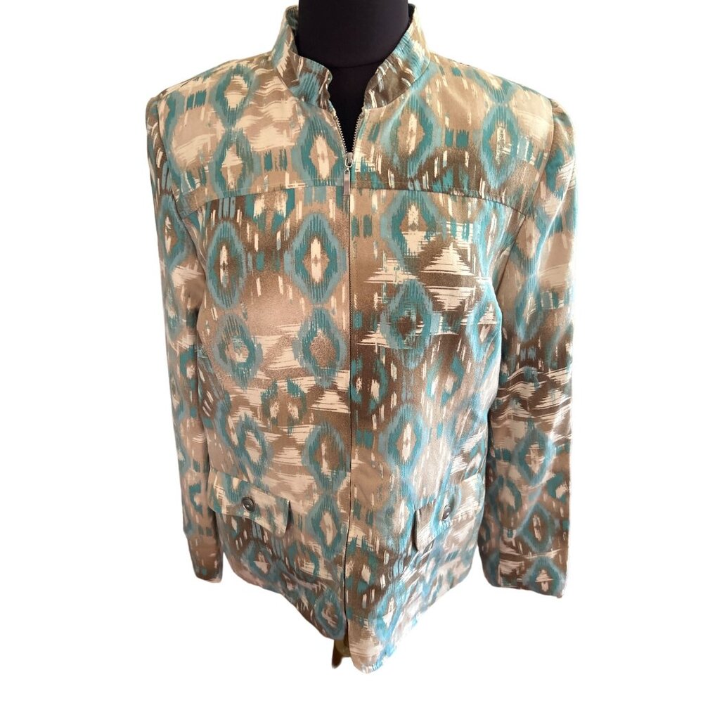 Alfred Dunner Tan & Teal Southwest Print Zip Up Jacket, Size 12